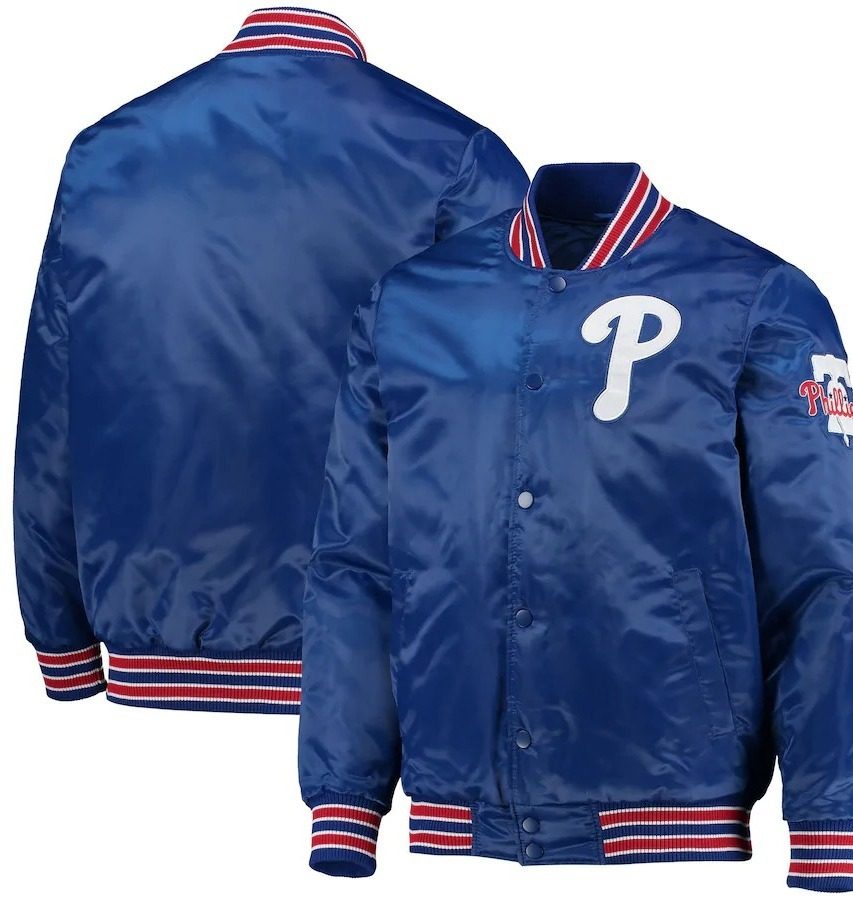 私藏正品棒球大联盟费城人宝蓝色丝光缎面夹克秋冬夹棉棒球服L码