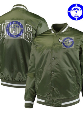 私藏正品芝加哥公牛通勤百搭军绿色丝光亮面秋冬夹棉棒球服XXL码