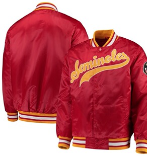 私藏正品佛罗里达州立抢眼辣椒红亮黄丝光亮面秋冬夹棉棒球服XL码