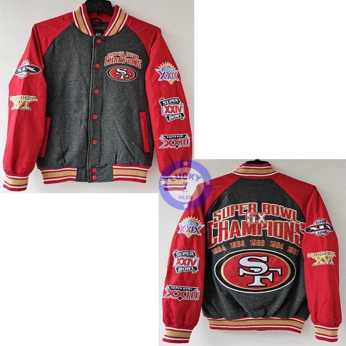 正品NFL旧金山49人超级碗冠军秋冬夹棉嘻哈棒球服夹克卫衣棉服M码