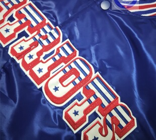 私藏正品新英格兰爱国者复古电光蓝丝光亮面秋冬夹棉棒球服XXL码