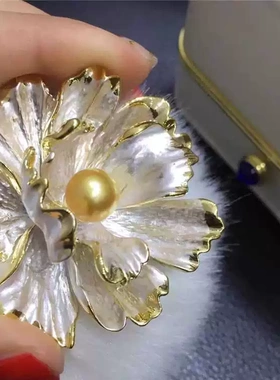 DIY珍珠配件 画釉山茶花款胸针半成品胸饰空托玫瑰胸花别针8-12MM