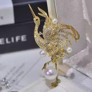 DIY珍珠配件 多珠丹顶鹤款胸针半成品胸饰托凤凰胸花鸟别针2-10MM