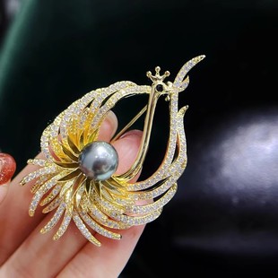 DIY配件 新中式凤凰羽翼胸针高档铜镀金微镶锆石别针珍珠胸花空托