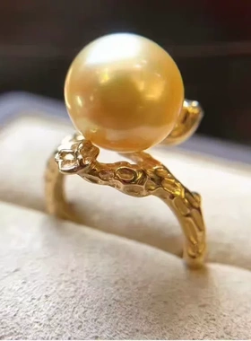 DIY珍珠配件18K铜厚镀金包金树枝款褶皱开口设计戒指指环半成品托