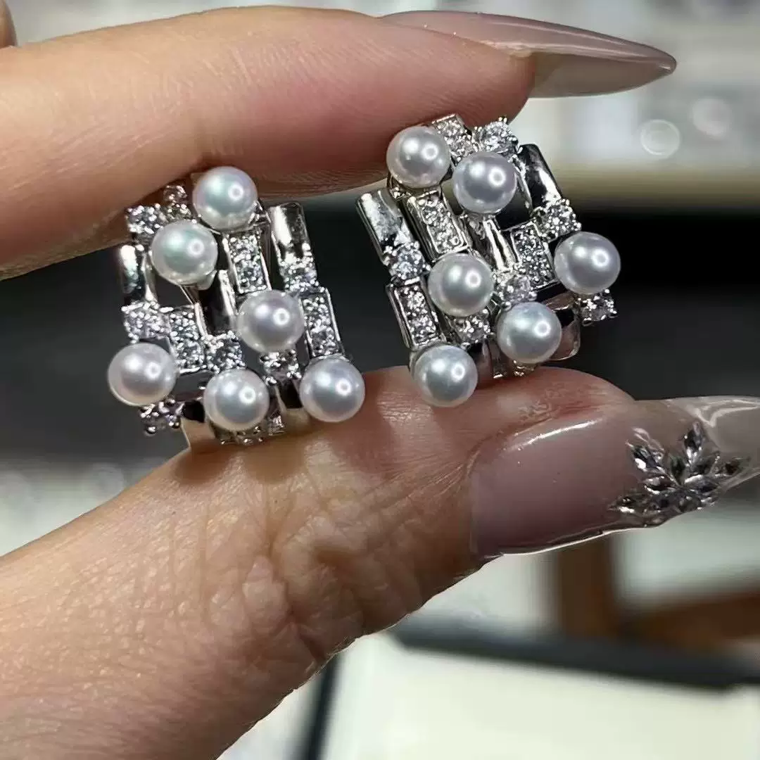 DIY珍珠配件S925纯银重工多珠款戒指耳环托金银色耳扣4-6MM套装女