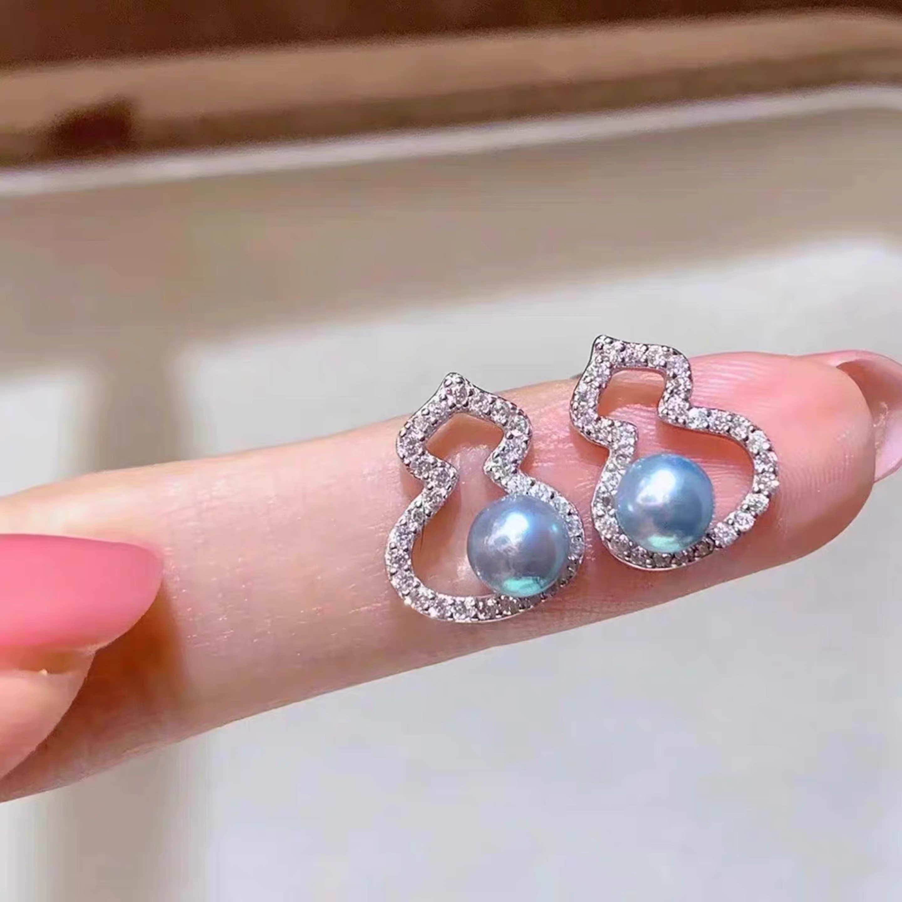 DIY珍珠配件 S925纯银葫芦款耳环吊坠半成品耳饰空托金银色套装女