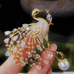 DIY配件 高档轻奢丹顶鹤胸针女铜微镶锆石厚镀金别针珍珠胸花空托