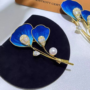 DIY配件 国风非遗绒花银杏叶胸针铜镀金高档重工别针珍珠胸花空托