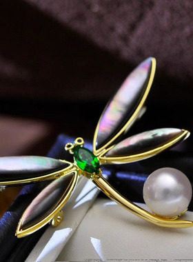 DIY珍珠配件 黑色海水贝壳蜻蜓款胸花女别针半成品胸饰托海贝胸针