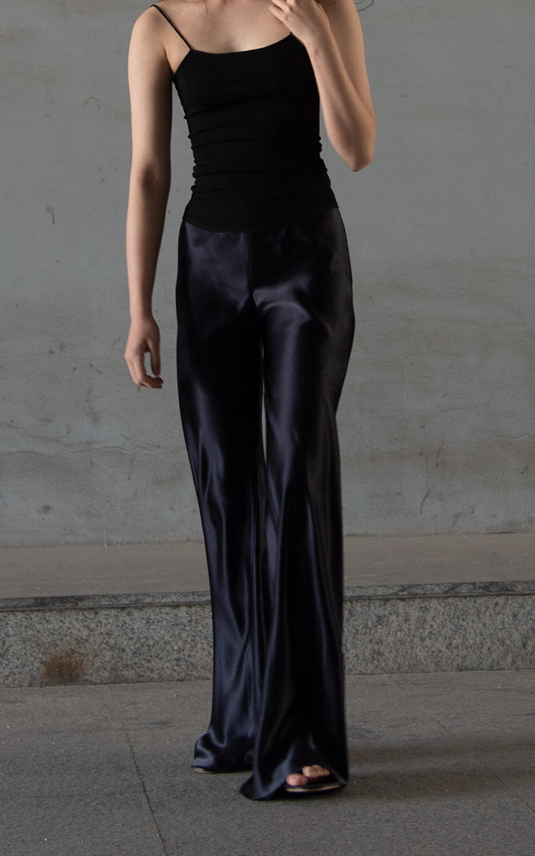 松紧腰阔腿醋酸长裤斜裁图片