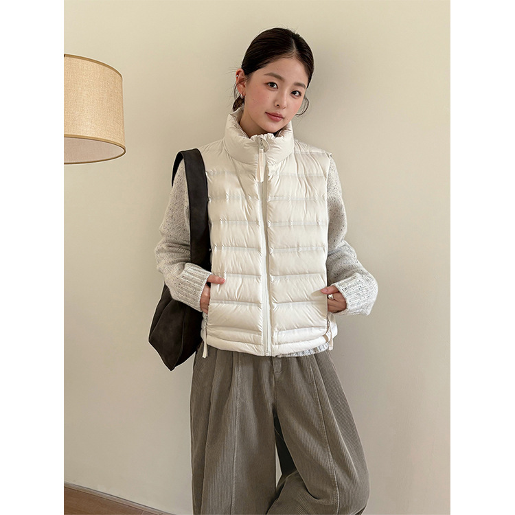 THXGIVING 轻便百搭白鸭绒羽绒马甲女2025冬季新无袖立领排骨外套