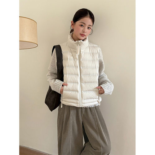 THXGIVING 轻便百搭白鸭绒羽绒马甲女2025冬季新无袖立领排骨外套