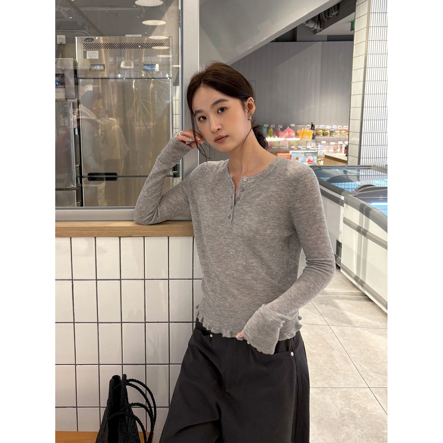 THXGIVING轻甜温柔 韩系修身半开襟纽扣设计木耳边针织衫2026春款