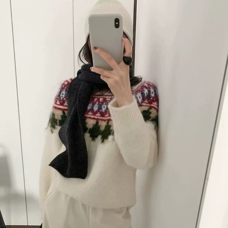 THXGIVING 冬日圣诞费尔岛复古俏皮提花圆领套头宽松毛衣女2025新