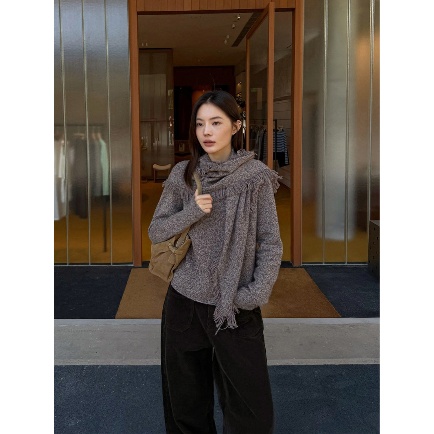 THXGIVING 复古秀场 牦牛绒羊毛花纱流苏披肩针织套装女2026冬款