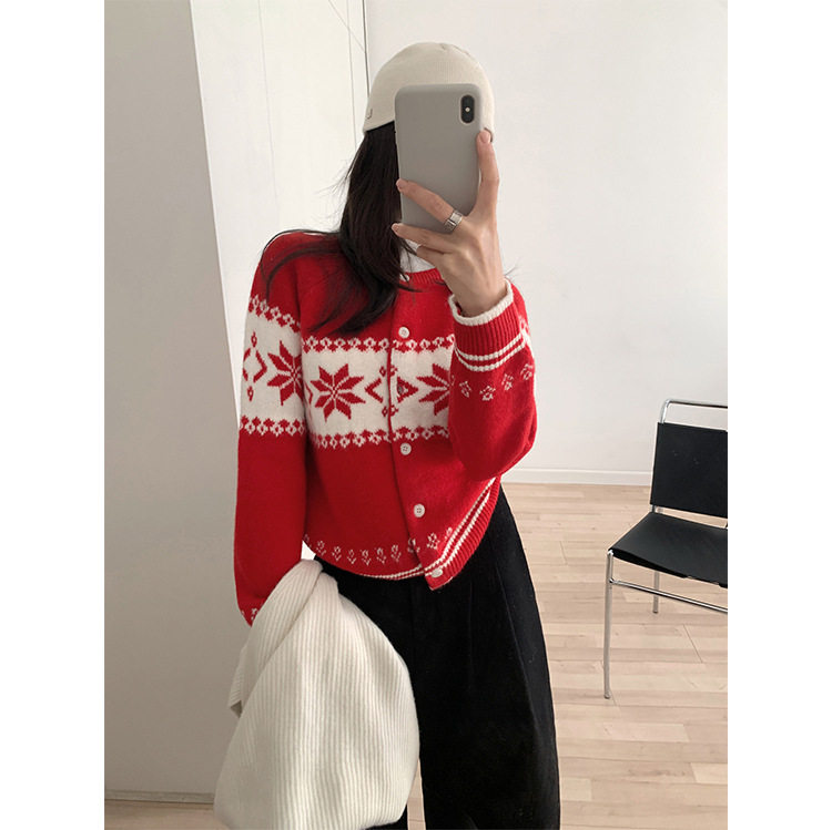 THXGIVING 氛围感费尔岛民族风雪花提花软糯圆领毛衣开衫女2025冬