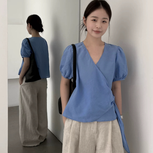 THXGIVING盐系少女感泡泡短袖V领围裹式系带显瘦小衫2026夏季上衣