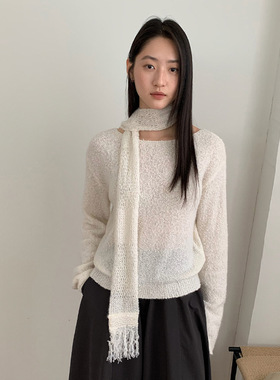 THXGIVING 慵懒氛围感羊毛混纺围巾宽松针织毛衣女2025秋新款上衣