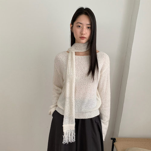 THXGIVING 慵懒氛围感羊毛混纺围巾宽松针织毛衣女2025秋新款上衣