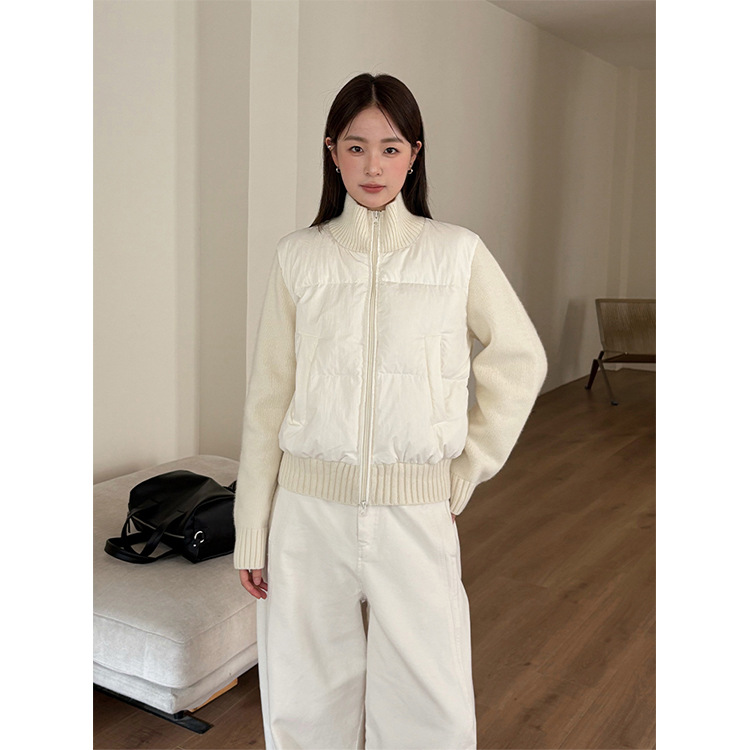 THXGIVING通勤休闲毛织拼接羽绒外套女2025冬季新白鸭绒保暖上衣