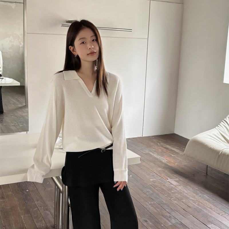 THXGIVING松弛轻氧感穿搭 宽松落肩套头针织POLO衫女2026春款上衣