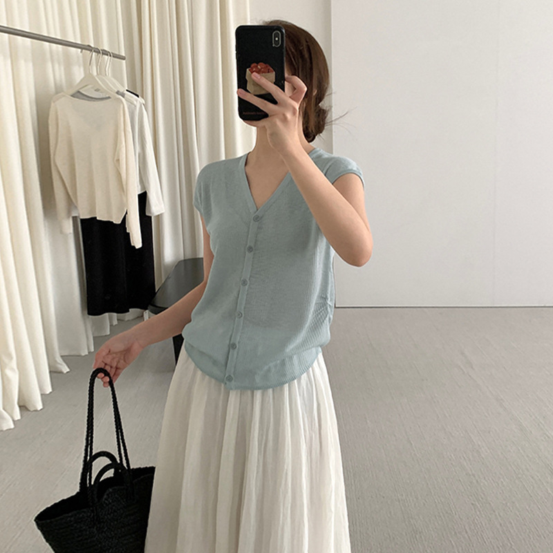 THXGIVING韩版气质小飞袖针织衫女2025夏季新款侧抽褶V领系扣上衣