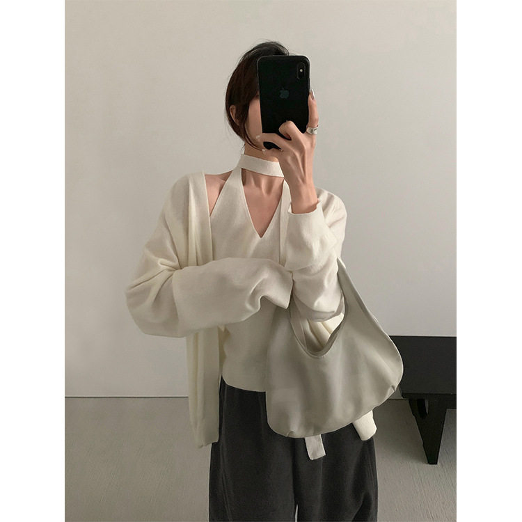 THXGIVING气质慵懒挂脖吊带叠穿宽松开衫毛衣两件套女2025秋冬新