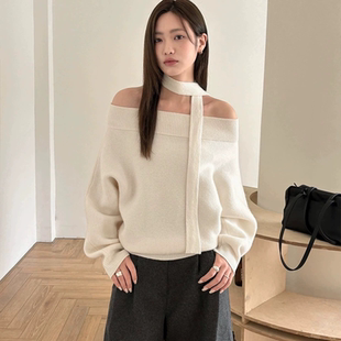 THXGIVING 氛围感温柔一字露肩飘带显瘦羊毛针织毛衣女2025冬季新