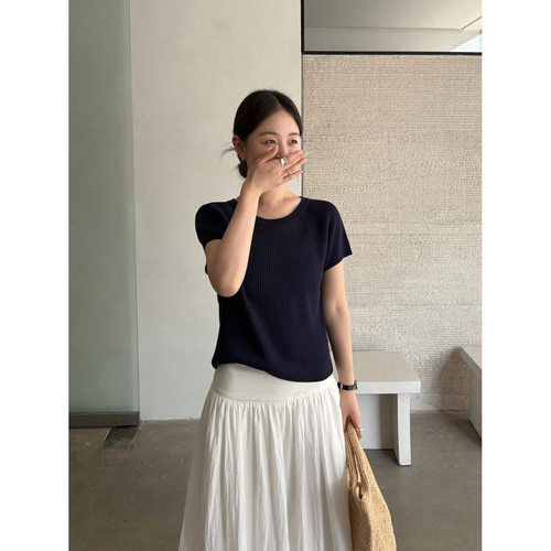 THXGIVING 简约系 夏日冰丝竖坑条肌理插肩袖显瘦针织T恤2026女士