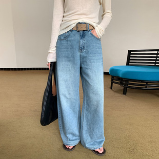 THXGIVING韩系时髦皮带水洗牛仔裤女2025秋季款宽松直筒显瘦长裤