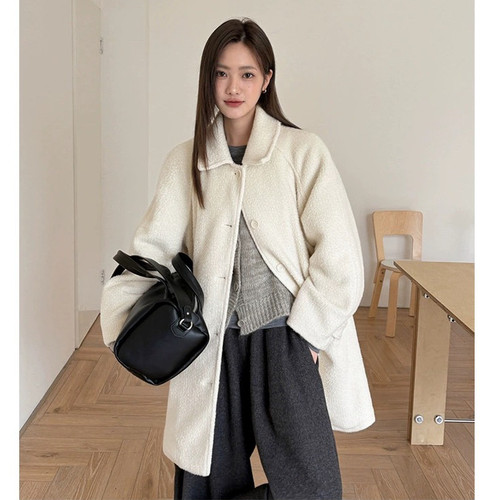 THXGIVING 小个子冬日韩系质感翻领裥棉毛呢大衣女2025新款厚外套