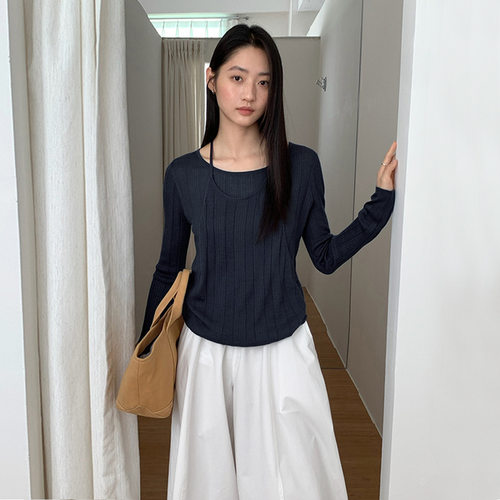 THXGIVING气质修身显瘦假两件拼接挂脖绑带针织上衣女2025秋季