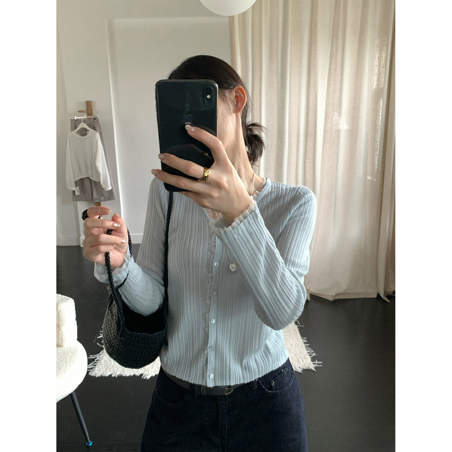 THXGIVING温柔简调网纱木耳边V领修身显瘦竖纹针织开衫女2026春款