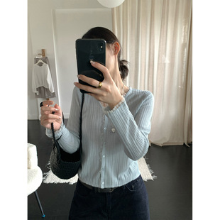 THXGIVING温柔简调网纱木耳边V领修身显瘦竖纹针织开衫女2026春款