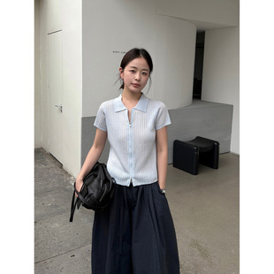 THXGIVING小休闲出街 弹力坑条短袖清爽针织双拉链开衫2026夏季女