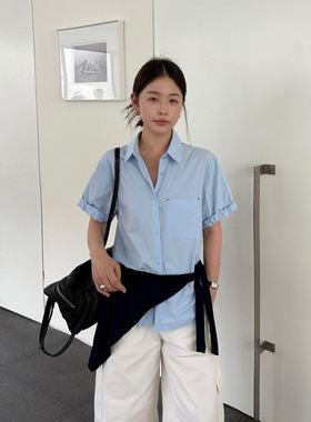 THXGIVING不出错系列 经典翻领卷边短袖设计纯棉宽松衬衫2026夏女