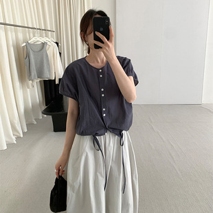 THXGIVING 韩系显瘦百搭抽褶绑带衬衫女2025夏季新款蝙蝠袖上衣