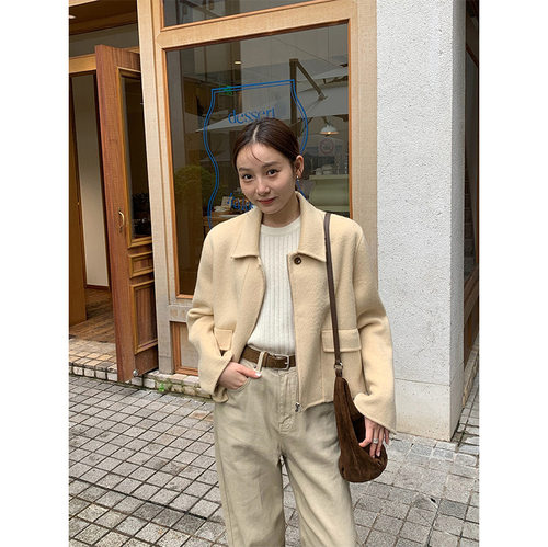 THXGIVING 韩系复古双面呢拉链短外套女2025冬季新款口袋翻领上衣