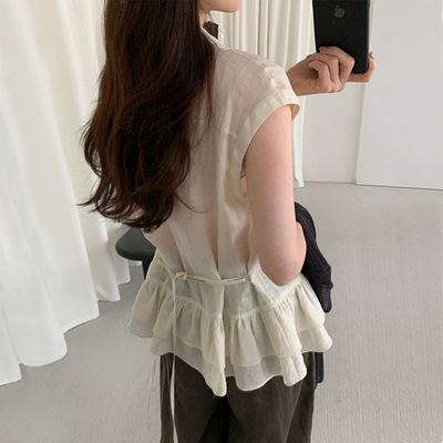 THXGIVING 韩版甜美系带荷叶裙摆无袖衬衫女2025夏季新款显瘦上衣