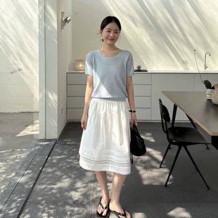THXGIVING浅夏柔光 透气空调感插肩短袖细坑条针织上衣女2026新款