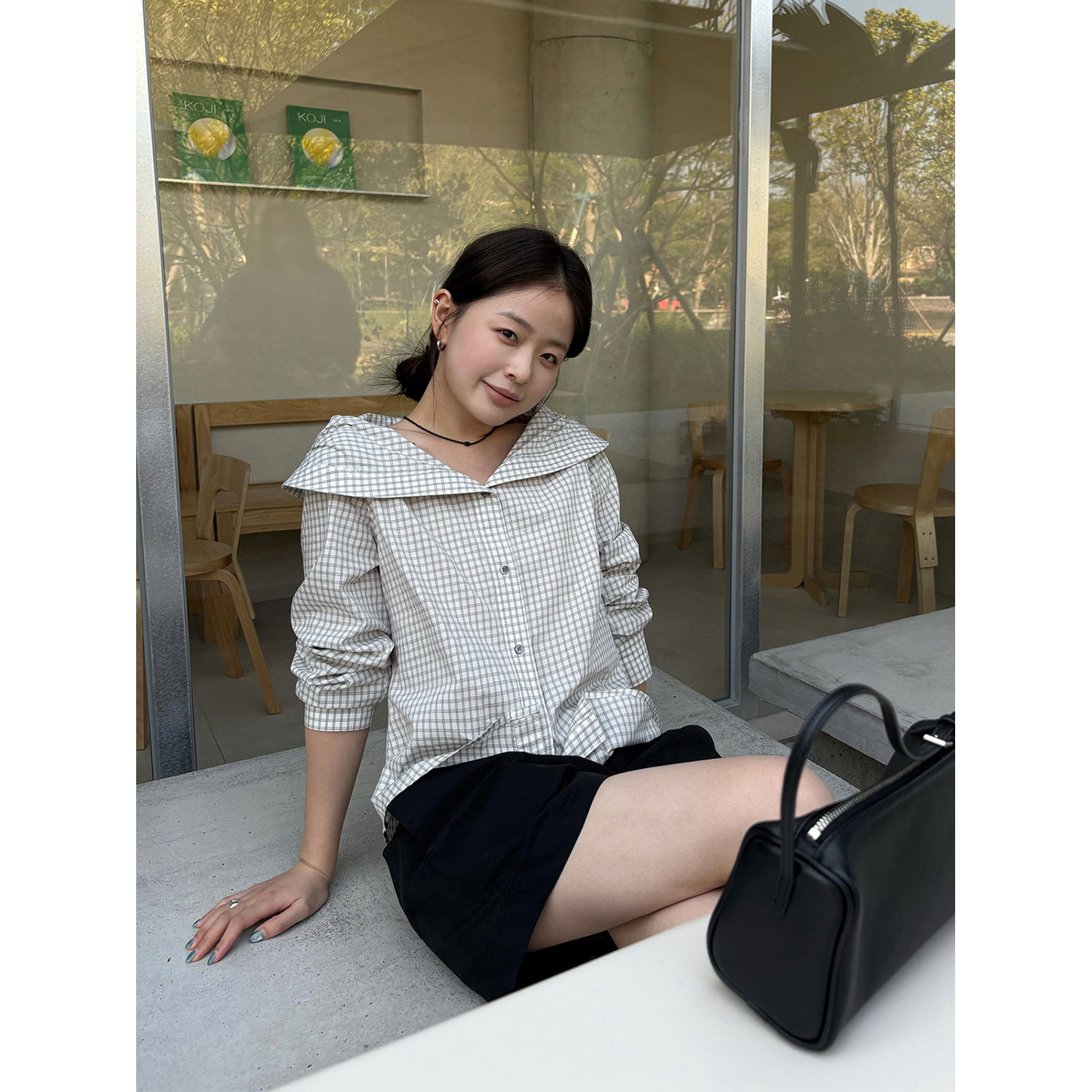 THXGIVING复古文艺风 甜妹娃娃领格纹显瘦系扣衬衫2026春款上衣女