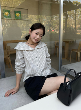 THXGIVING复古文艺风 甜妹娃娃领格纹显瘦系扣衬衫2026春款上衣女