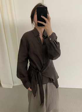 THXGIVING不规则裁剪绑带设计衬衫女2025秋季新收腰显瘦苎麻上衣