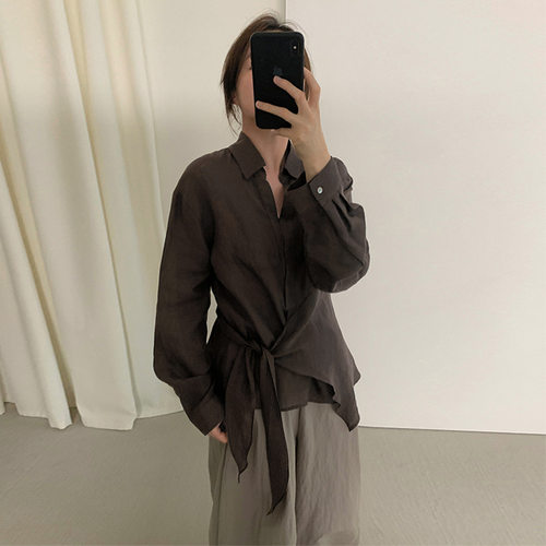THXGIVING不规则裁剪绑带设计衬衫女2025秋季新收腰显瘦苎麻上衣