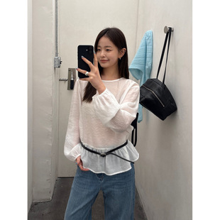 THXGIVING低饱和温柔色系 甜美荷叶边轻盈圆领衬衫上衣2026春季女