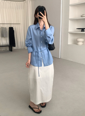 THXGIVING 莱赛尔轻薄舒适通勤衬衫女2025夏季前长后短系带上衣