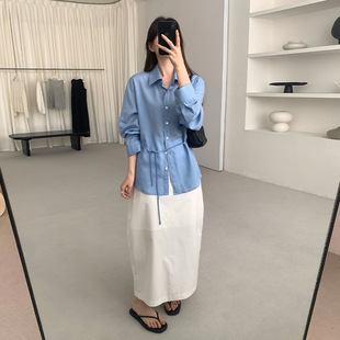 THXGIVING 莱赛尔轻薄舒适通勤衬衫女2025夏季前长后短系带上衣