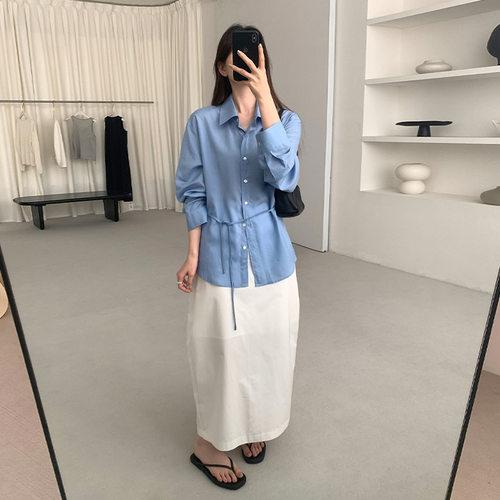 THXGIVING 莱赛尔轻薄舒适通勤衬衫女2025夏季前长后短系带上衣