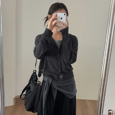 THXGIVING 休闲简约百搭连帽针织毛衣女2025秋季新款双开拉链开衫